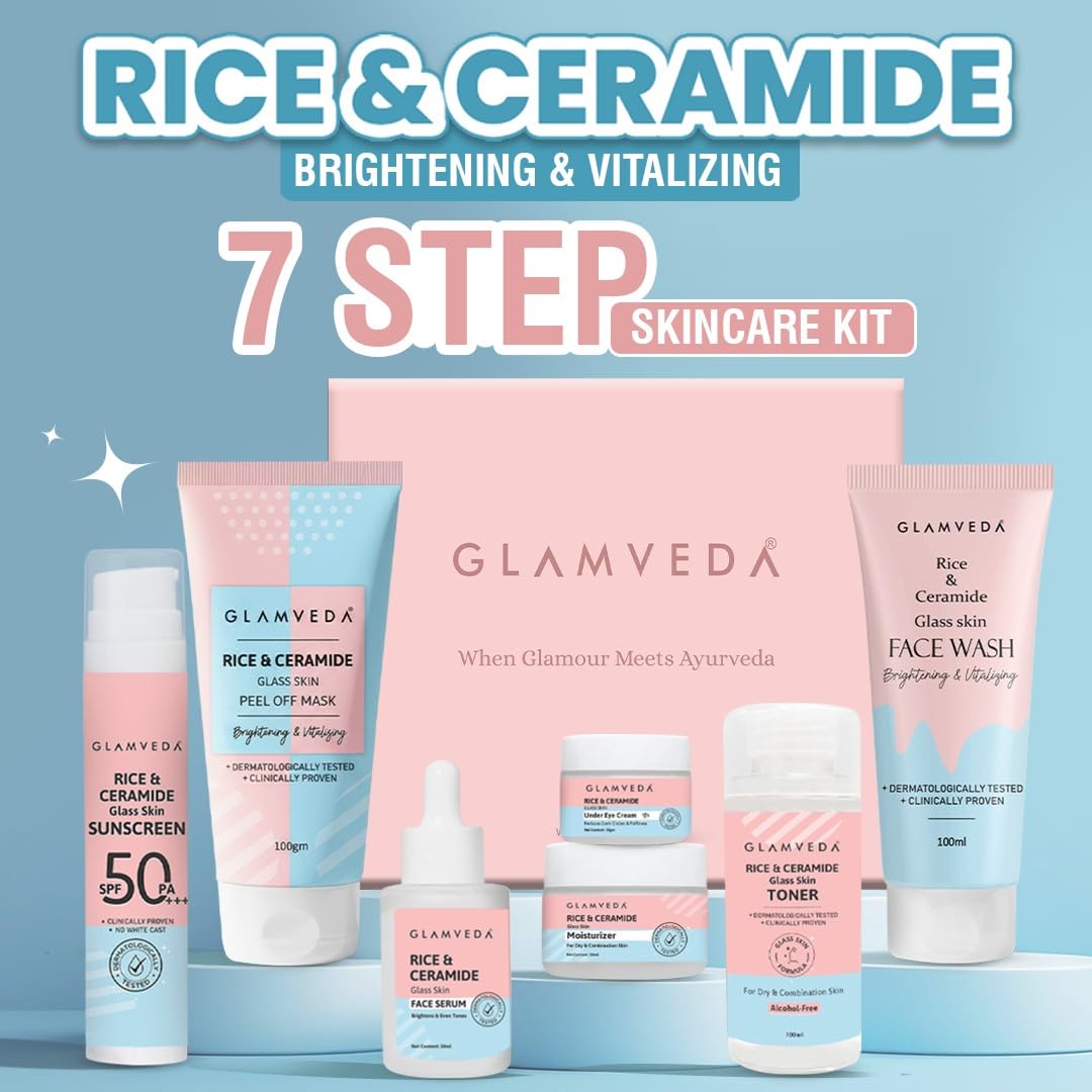 Glamveda Korean 7 Step Skincare Kit for Women | Rice & Ceramide Routine | Gift Box | Skin Brightening, Anti-Ageing | Face Wash + Toner + Moisturizer + Serum + Mask + Sunscreen+ Under Eye Cream