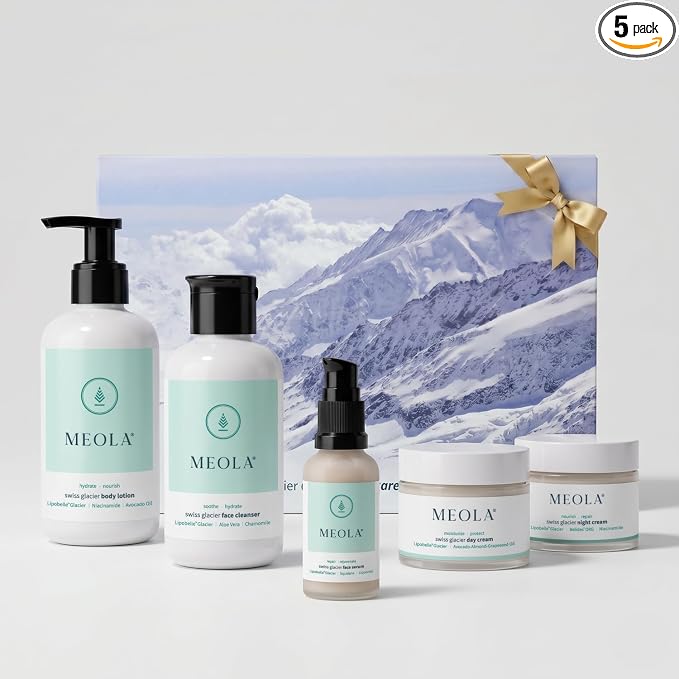 Skin Care Kit - Meola Swiss Glacier Skincare kit for Women and Men – Gift Hamper Pack of 5 Including Face Cleanser, Serum, Day and Night Cream and Lotion- Barrier repair and Hydrating Gift Set